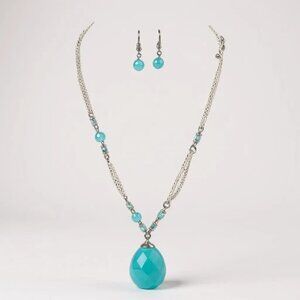 Blue Faceted Glass Drop Pendant Glass Bead White Metal Link Necklace Earring